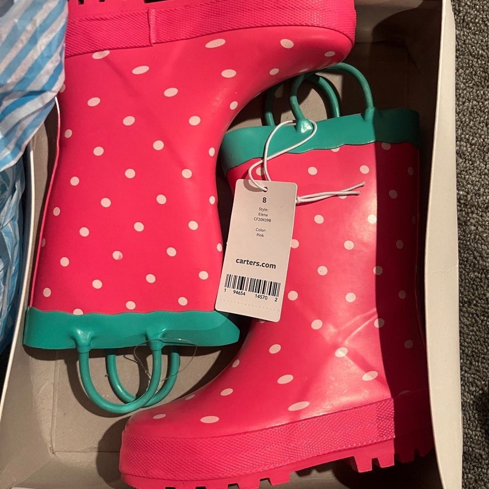 Carter's Pink and White Rain & Snow Boots with Polka Dots